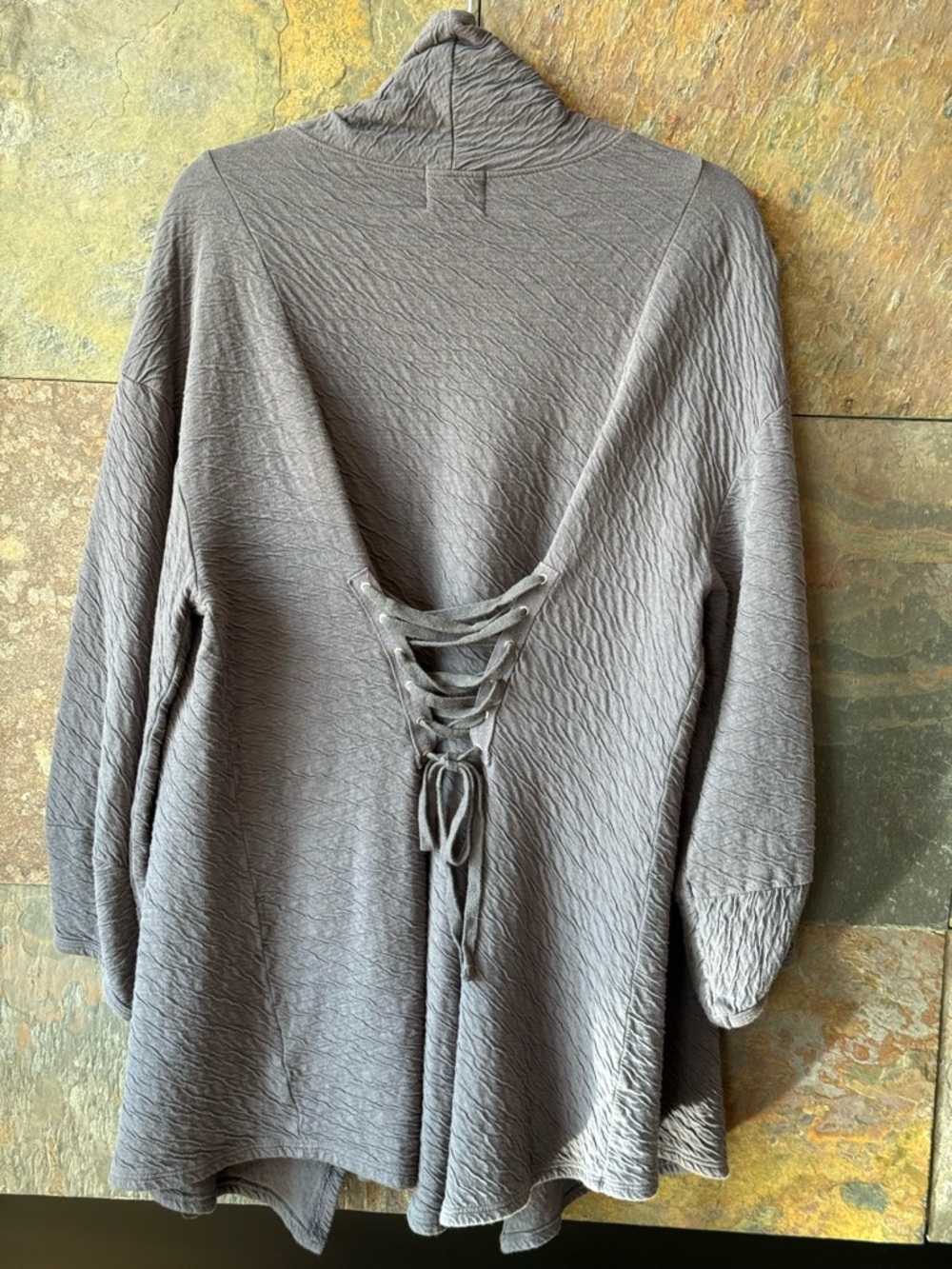 T.la blue gray ruched cotton cardigan, no buttons, laces in back. Made in Mexico